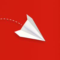 Ein weißer Papierflieger fliegt über einem roten Hintergrund. 
