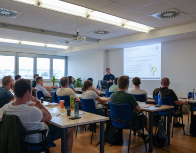 Gruppe von Menschen sitzt in einem Besprechungssaal, Beamer mit Powerpoint-Präsentation