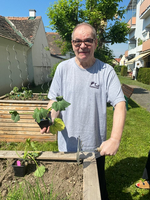 Ein Mann hält ein Pflänzchen in der Hand und arbeitet im Garten.
