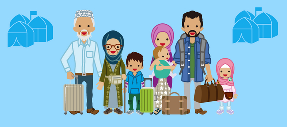 Illustration Erwachsene und Kinder mit Koffern aus verschiedenen Nationen
