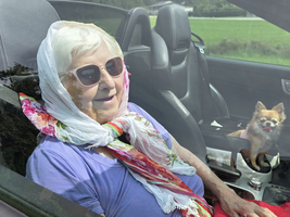 Eine ältere Frau mit Sonnenbrille sitzt im Auto, neben ihr ein Hund.