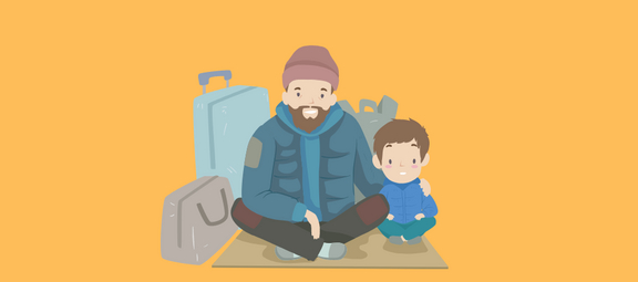 Mann mit Kind und Koffern auf Pappkarton