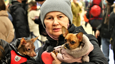 Eine Frau hält zwei kleine Hunde in der Menge.