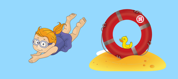 Kind springt ins Wasser, daneben Rettungsring und Quietsche-Ente