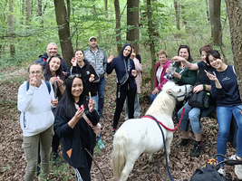 Eine Gruppe von 13 Personen steht im Wald, umgeben von Bäumen. Einige halten Snacks oder Getränke in der Hand. In der Mitte steht ein Pony. Die Stimmung ist fröhlich und entspannt. Der Waldboden ist mit Blättern bedeckt.
