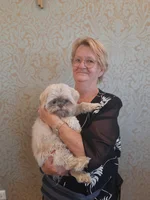 Eine Frau hält einen kleinen, flauschigen Hund in ihren Armen.
