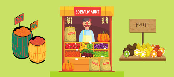 Illustration Mann in Verkaufsstand mit Sozialmarkt-Schild, Früchten und Fässern