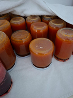 Eine Gruppe von Glasbehältern mit orangefarbener, eingekochter Masse, auf einem weißen Tuch. Die Gläser sind teilweise beschlagen und haben flache Deckel. Einige Gläser im Vordergrund sind dunkler gefärbt.