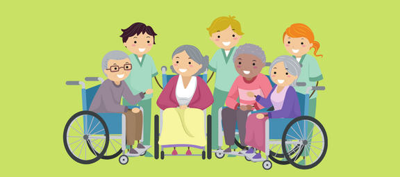 Ältere Personen im Rollstuhl mit Pflegefachkräften
