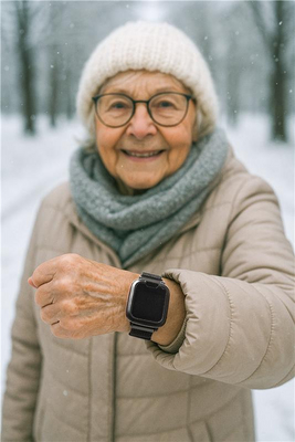 Ältere Frau in Winterkleidung zeigt lächelnd ihre Smartwatch.