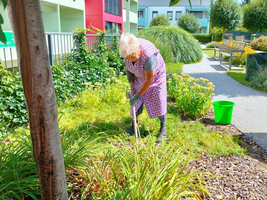 Eine ältere Frau pflanzt mit einer Schaufel in einem Garten.