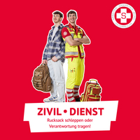 Zwei Männer in unterschiedlich bekleideten Outfits mit einem Slogan über Zivildienst.