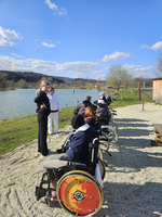 Menschen in Rollstühlen sitzen am Ufer eines Sees, mit Personal in der Nähe.