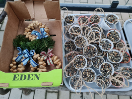Ein Karton mit Nüssen und geflochtenen Futterspendern für Vögel.