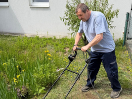 Ein Mann benutzt einen Elektrovertikutierer, um den Boden im Garten zu bearbeiten. Rundherum wachsen verschiedene Pflanzen und Gräser. Im Hintergrund sind Fenster eines Gebäudes und ein Zaun sichtbar.