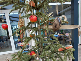 Ein geschmückter Tannenbaum mit essbaren Vogelhäuschen und Obst.