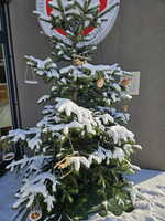 Ein mit Schnee bedeckter Weihnachtsbaum, dekoriert mit hängenden ornamen.