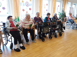 Ältere Frauen sitzen in Rollstühlen und halten Pflanzen in einem Raum.