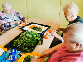 Drei ältere Frauen sitzen an einem Tisch und bereiten gemeinsam Lebensmittel vor. Sie schneiden Karotten und frische Kräuter auf einem großen Blech mit vorbereitetem anderen Gemüse. Der Tisch ist gedeckt, und es gibt verschiedene Zutaten und Utensilien zur Essenszubereitung.