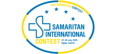 Logo des 10. Samariter International Contest, der vom 22. bis 26. Juli 2026 in Oggau, Österreich, stattfindet. Das Design umfasst einen stilisierten Kreuzsymbol und Sterne.