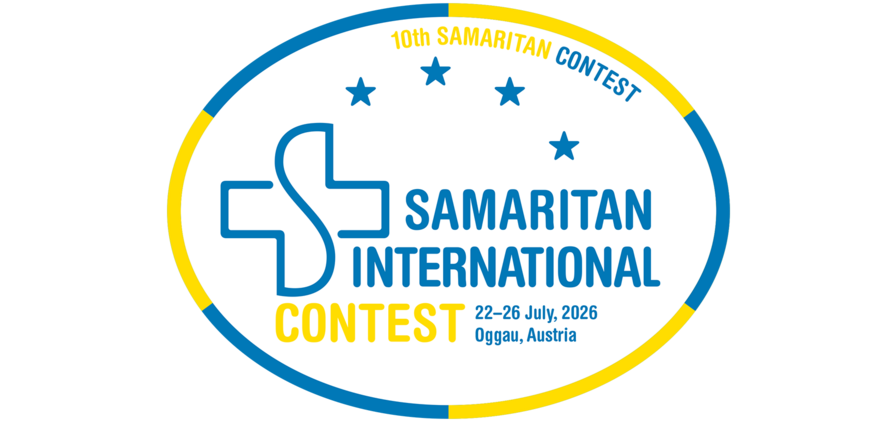 Logo des 10. Samariter International Contest, der vom 22. bis 26. Juli 2026 in Oggau, Österreich, stattfindet. Das Design umfasst einen stilisierten Kreuzsymbol und Sterne.