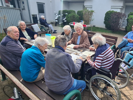 Eine Gruppe älterer Menschen sitzt zusammen und spielt Spiele im Freien.