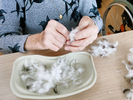 Eine Person trennt Baumwolle von einem Haufen auf einem Tisch.