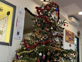 Weihnachtsbaum geschmückt mit Kugeln und Geschenken darunter.