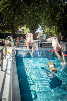 Zwei Schwimmer tauchen gleichzeitig in ein Schwimmbecken.