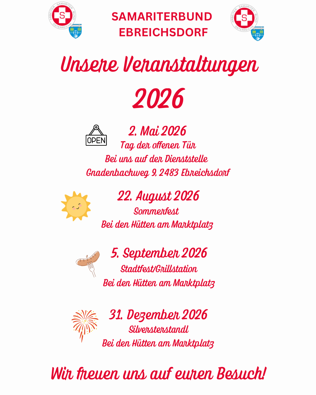 Ein Plakat des Samariterbundes Ebreichsdorf mit Informationen zu Veranstaltungen im Jahr 2026. Die aufgeführten Ereignisse sind der Tag der offenen Tür, ein Sommerfest, ein Stadtfest und ein Silvesterstand, mit Datumsangaben und Veranstaltungsorten.