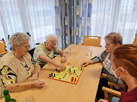 Vier Personen spielen ein Brettspiel an einem Tisch in einem hellen Raum.
