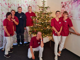 Sechs Personen in roten Oberteilen stehen um einen festlich geschmückten Weihnachtsbaum.