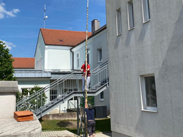 Eine Gruppe von Personen hebt einen geschmückten Maibaum hoch.