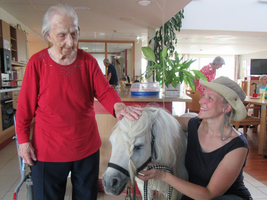 Eine ältere Dame streichelt ein Mini-Pferd, während eine junge Frau daneben steht.