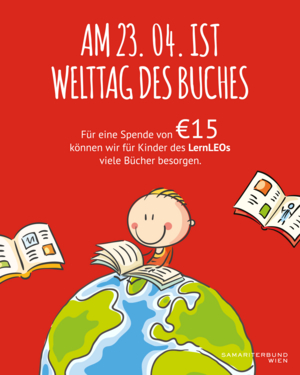 Illustration mit Maxl auf Weltkugel, liest Buch und weitere Bücher schweben rundherum, roter Hintergrund, weiße Schrift mit Info zum Welttag des Buches