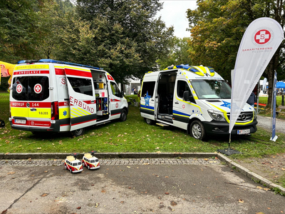 Zwei Rettungswagen stehen auf einer Wiese, daneben kleine Modellautos.