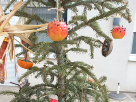 Ein Weihnachtsbaum mit bunten, dekorativen Objekten aus Naturmaterialien.