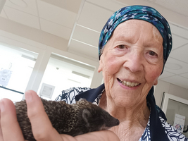 Eine ältere Frau mit einem Kopftuch lächelt, während sie einen Igel in ihrer Hand hält. Sie steht in einem hellen Raum mit Fenstern im Hintergrund.