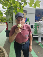 Ein älterer Mann genießt ein Eis in der Hand vor einem Verkaufswagen.