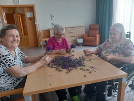 Drei ältere Frauen sitzen an einem Tisch und arbeiten mit frischem Lavendel. Zwei Frauen halten Lavendelsträuße in ihren Händen, während die dritte in einem Rollstuhl sitzt und daran arbeitet. Der Tisch ist mit Lavendelblüten bedeckt.