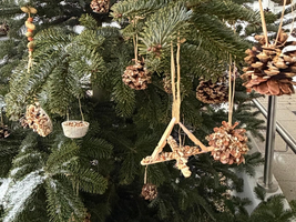 Ein Weihnachtsbaum, dekoriert mit Zapfen und natürlichen Ornamenten.