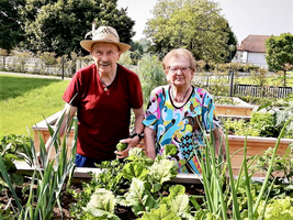 Zwei Senioren stehen im Garten zwischen frischen Pflanzen und Gemüse.