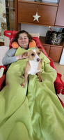 Eine Frau entspannt sich auf der Couch mit einem kleinen Hund auf ihrem Schoß.