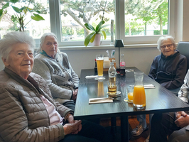 Vier ältere Frauen sitzen an einem Tisch in einem hellen Raum, umgeben von Pflanzen. Auf dem Tisch stehen Getränke, darunter ein Glas Orangensaft und eine Flasche. Die Frauen lächeln und scheinen sich zu unterhalten.