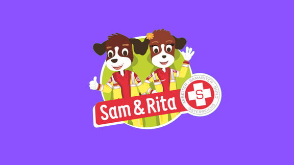 Rettungshunde Sam & Rita auf violettem Hintergrund