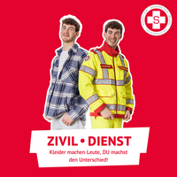 Zwei junge Männer in unterschiedlichen Arbeitskleidungen mit dem Slogan „Zivil Dienst“.