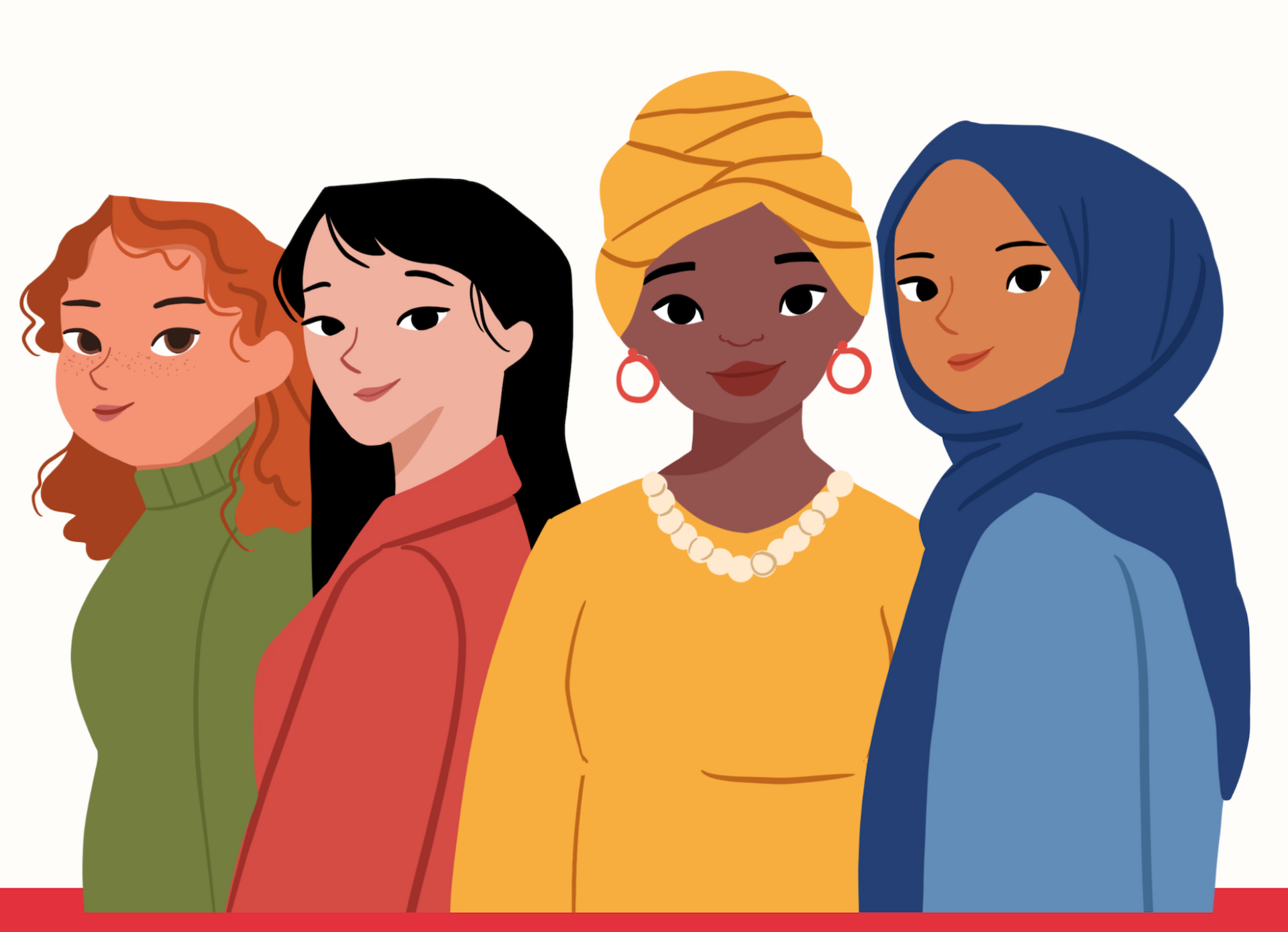 illustration von vier Frauen mit unterschiedlichen Hautfarben und unterschiedlicher Herkunft, eine Frau mit Turban, eine mit Kopftuch