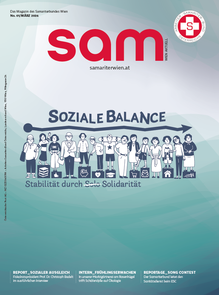 Das sam-Cover zeigt eine Reihe von Menschen unterschiedlichen Alters und unterschiedlicher Größe, die mit Unterstützung gleiche Chancen erhalten.