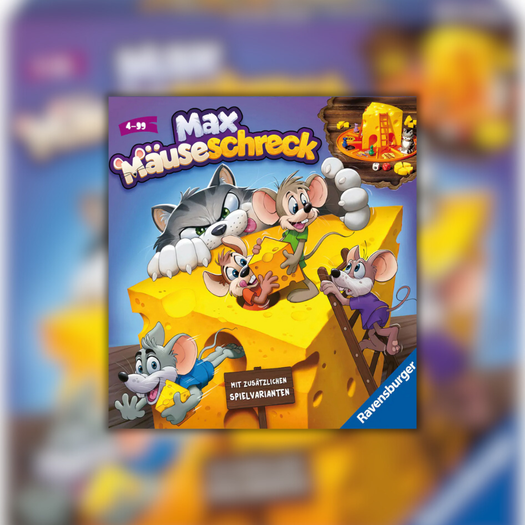 Spiel Max Mäuseschreck mit Mäusen auf Käse und Katze im Hintergrund